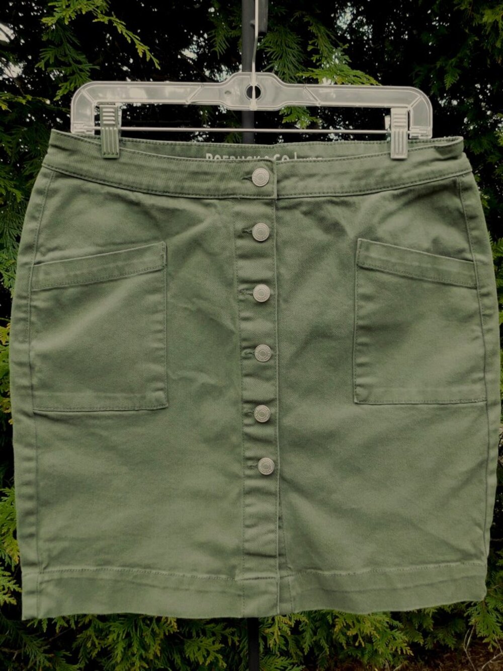 Roebuck & Co Olive Green Denim Buttonfront Mini Skirt with Pockets